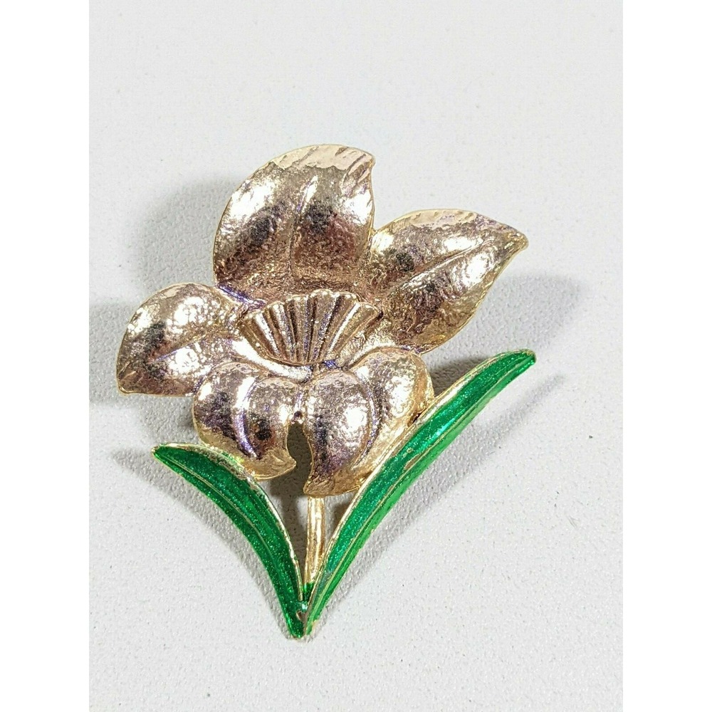 Gold Tone Purple greenโ Iris Flower Pin Brooch
